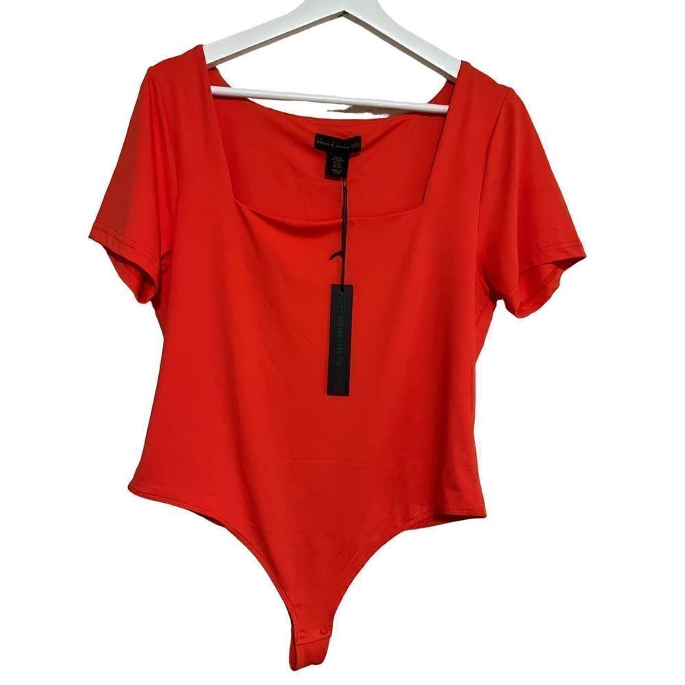 House Of Harlow 1960 Women's Orange Square Neck Cap Sleeve Bodysuit Size XL NEW